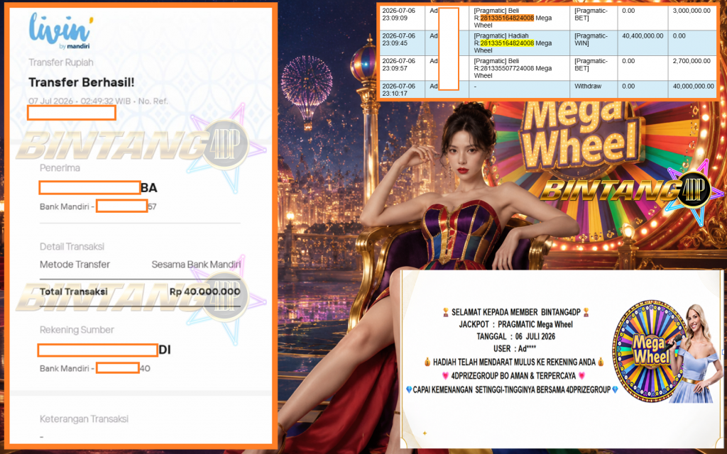 BINTANG4DP JACKPOT PRAGMATIC “Mega Wheel” Rp40.000.000,- LUNAS