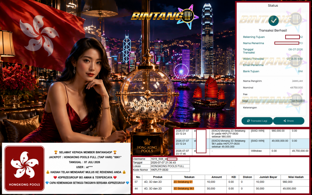 BINTANG4DP JACKPOT HONGKONG POOLS FULL (TIAP HARI) “8961” Rp49.750.000,- LUNAS