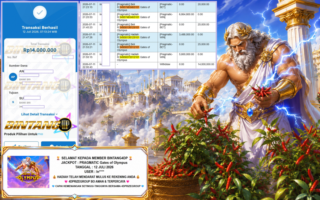 BINTANG4DP JACKPOT PRAGMATIC “Gates of Olympus” Rp14.000.000,- LUNAS