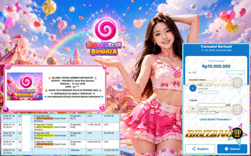 BINTANG4DP JACKPOT PRAGMATIC “Sweet Rush Bonanza” Rp10.000.000,- LUNAS