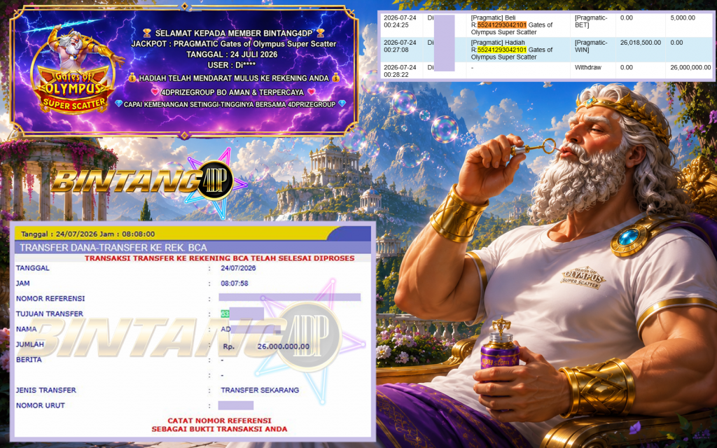BINTANG4DP JACKPOT PRAGMATIC “Gates of Olympus Super Scatter” Rp26.000.000,- LUNAS