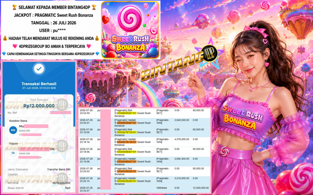 BINTANG4DP JACKPOT PRAGMATIC “Sweet Rush Bonanza” Rp12.000.000,- LUNAS