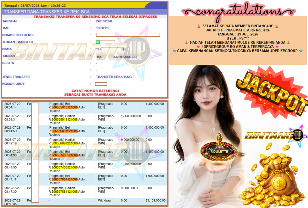 BINTANG4DP JACKPOT PRAGMATIC “Auto Roulette” Rp33.151.000,- LUNAS