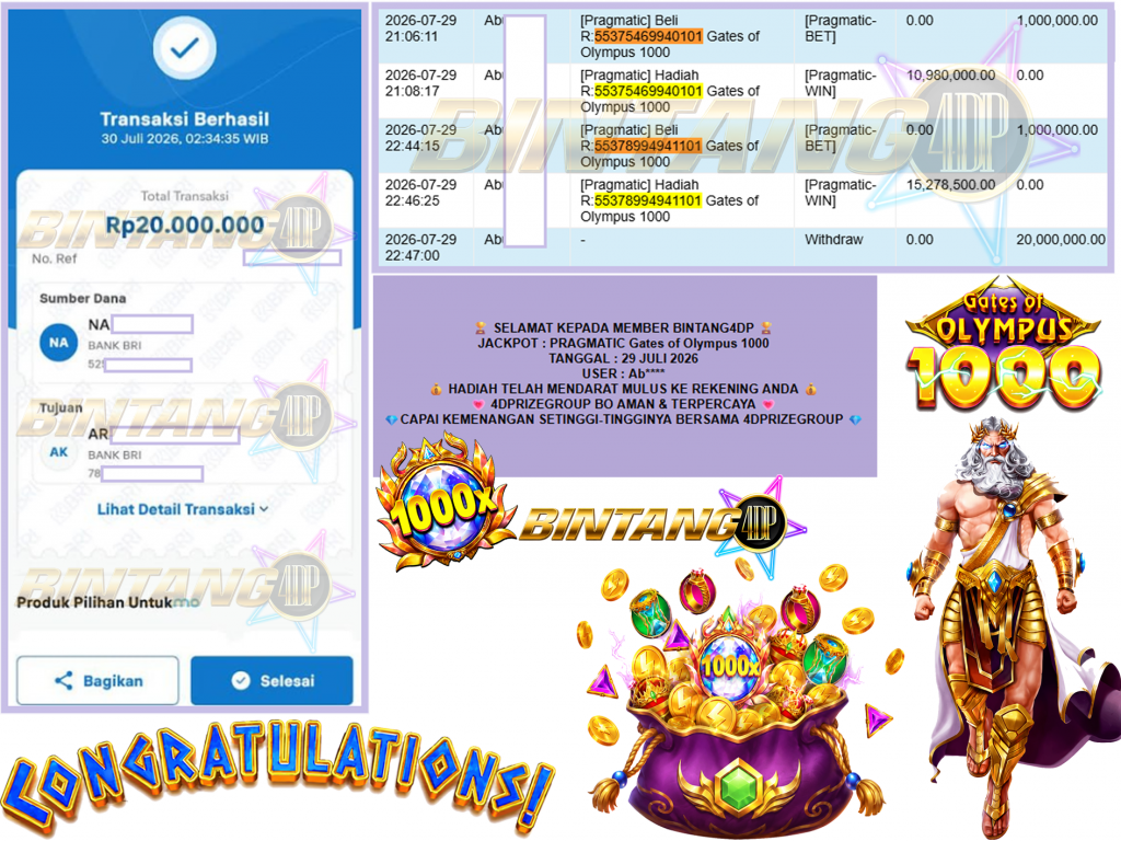 BINTANG4DP JACKPOT PRAGMATIC “Gates of Olympus 1000″ Rp20.000.000,- LUNAS