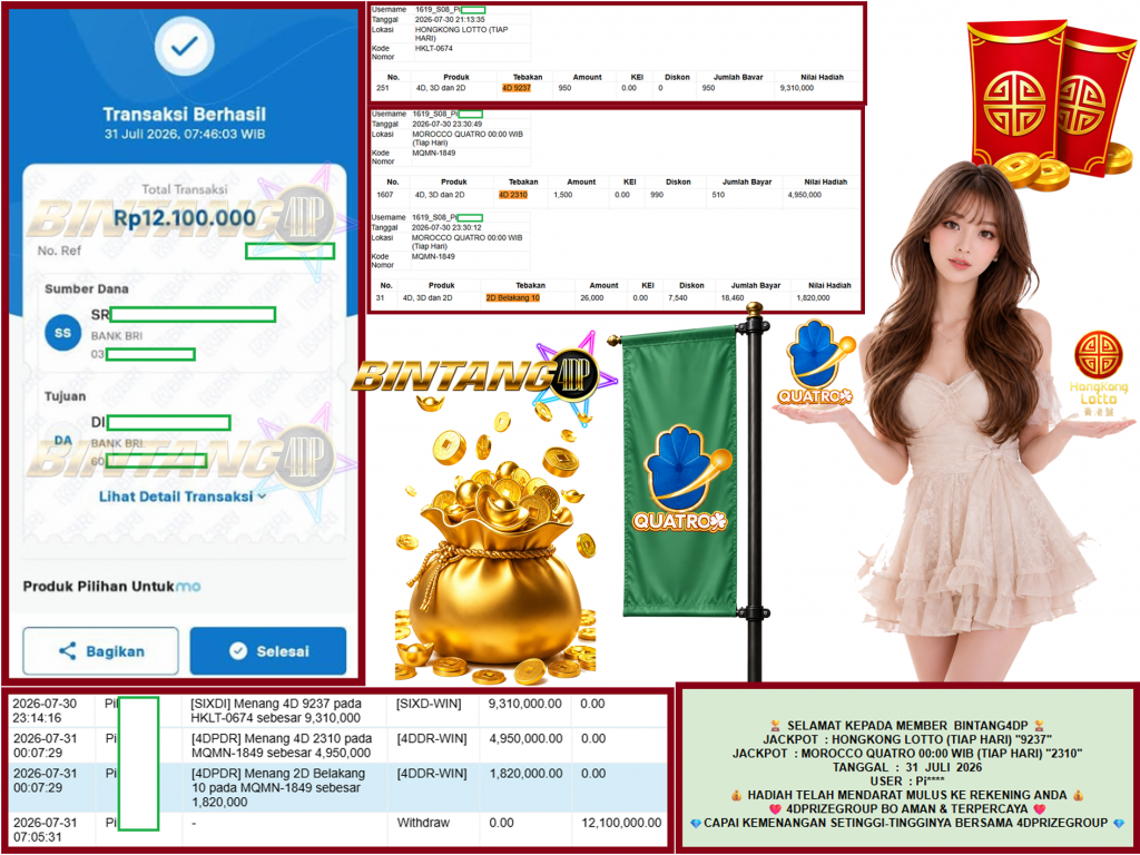 BINTANG4DP JACKPOT HONGKONG LOTTO (TIAP HARI) “9237” & MOROCCO QUATRO 00:00 WIB (TIAP HARI) “2310” Rp12.100.000,- LUNAS