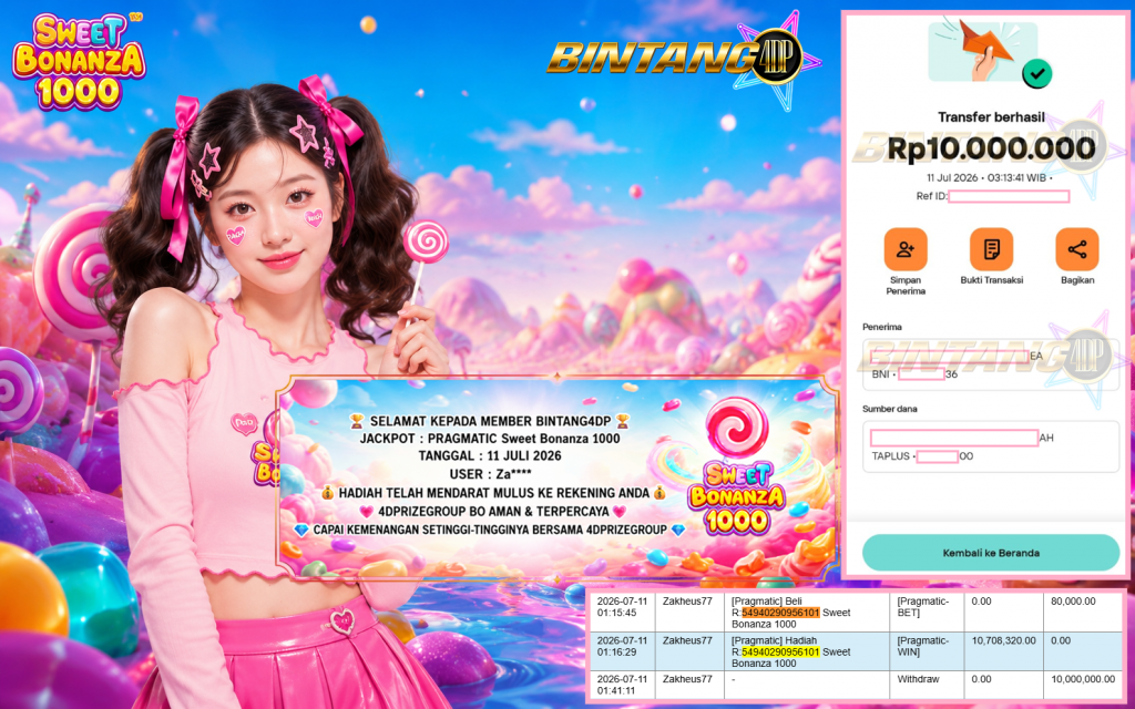 BINTANG4DP JACKPOT PRAGMATIC “Sweet Bonanza 1000″ Rp10.000.000,- LUNAS