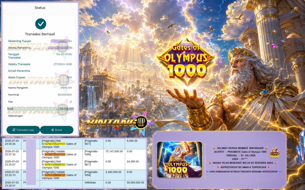 BINTANG4DP JACKPOT PRAGMATIC “Gates of Olympus 1000″‎‏‏‎‎ Rp83.000.000,- LUNAS
