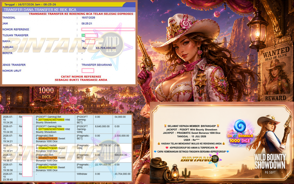 BINTANG4DP JACKPOT PGSOFT “Wild Bounty Showdown” & PRAGMATIC “Sweet Bonanza 1000 Dice” Rp43.704.000,- LUNAS