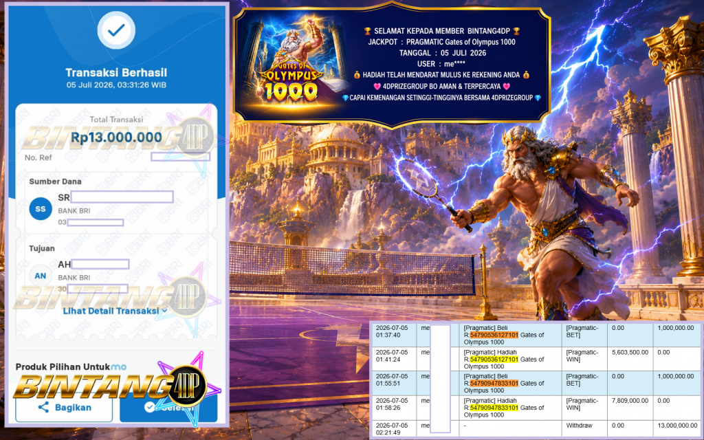 BINTANG4DP JACKPOT PRAGMATIC “Gates of Olympus 1000″ Rp13.000.000,- LUNAS
