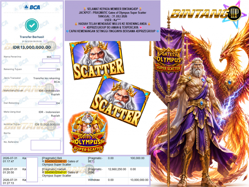 BINTANG4DP JACKPOT PRAGMATIC “Gates of Olympus Super Scatter”‎‏‏‎‎ Rp13.000.000,- LUNAS