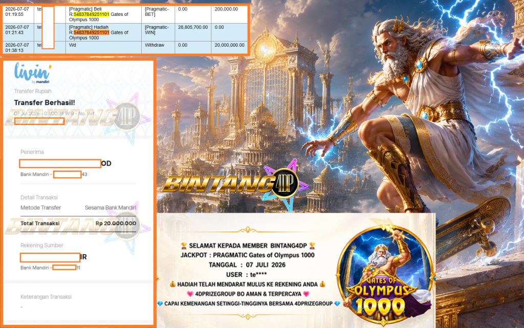 BINTANG4DP JACKPOT PRAGMATIC “Gates of Olympus 1000″ Rp20.000.000,- LUNAS