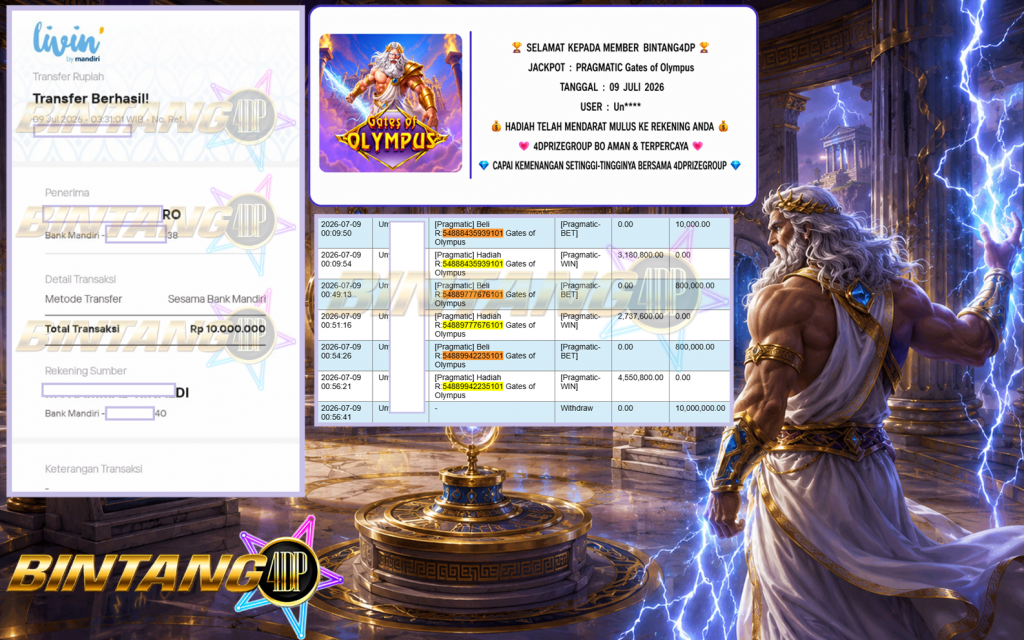 BINTANG4DP JACKPOT PRAGMATIC “Gates of Olympus” Rp10.000.000,- LUNAS