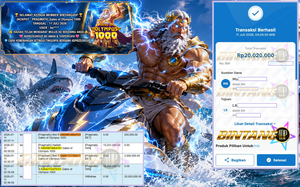 BINTANG4DP JACKPOT PRAGMATIC “Gates of Olympus 1000″‎‏‏‎‎ Rp20.020.000,- LUNAS