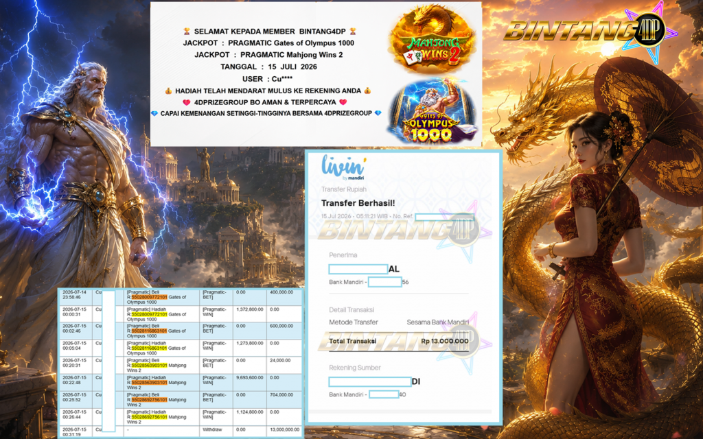 BINTANG4DP JACKPOT PRAGMATIC “Gates of Olympus 1000” & “Mahjong Wins 2″‎‏‏‎‎ Rp13.000.000,- LUNAS