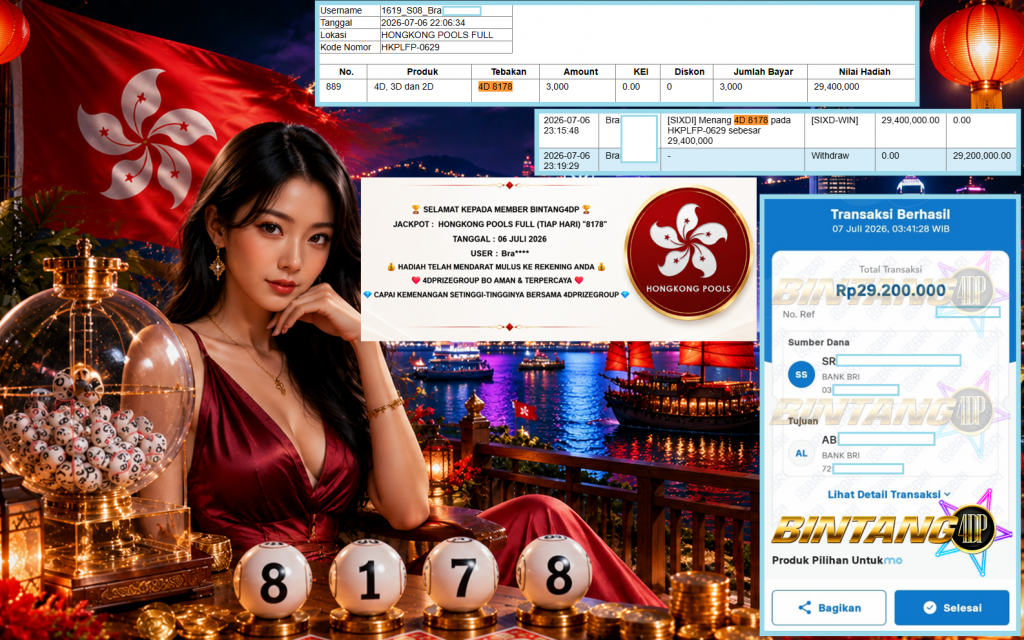 BINTANG4DP JACKPOT HONGKONG POOLS FULL (TIAP HARI) “8178” Rp29.200.000,- LUNAS