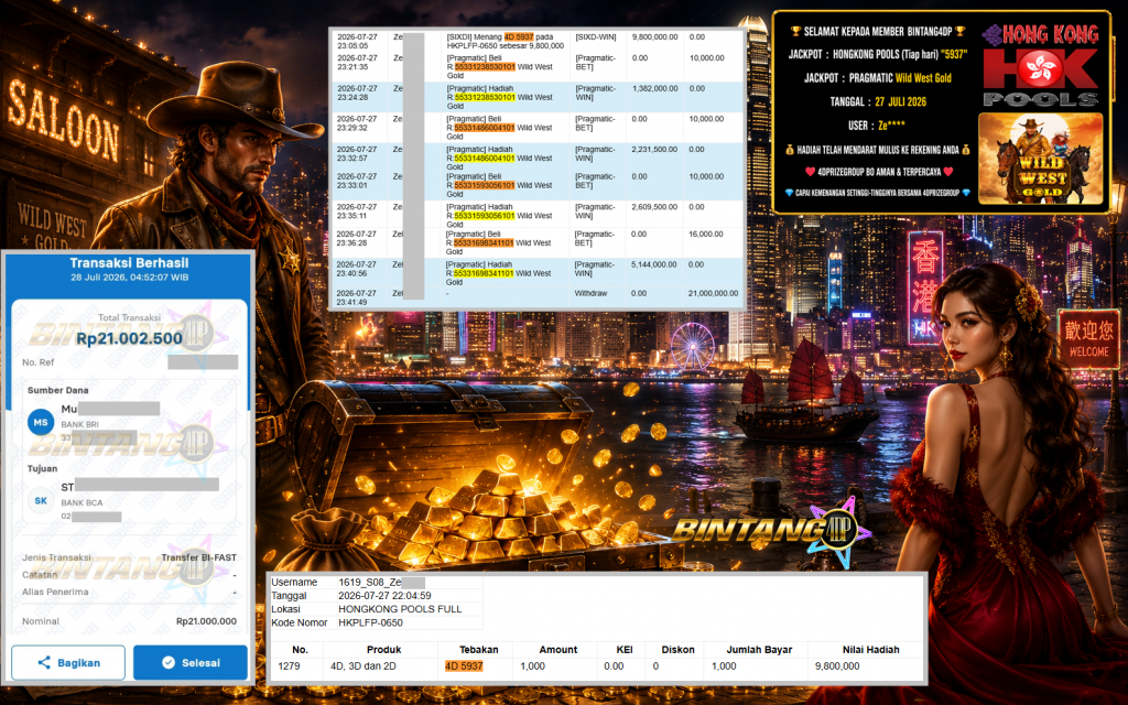 BINTANG4DP JACKPOT HONGKONG POOLS (Tiap hari) “5937” & PRAGMATIC “Wild West Gold” Rp21.000.000,- LUNAS