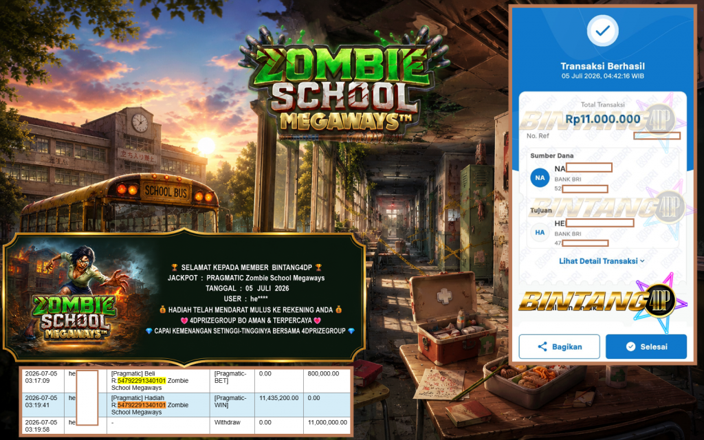 BINTANG4DP JACKPOT PRAGMATIC “Zombie School Megaways” Rp11.000.000,- LUNAS