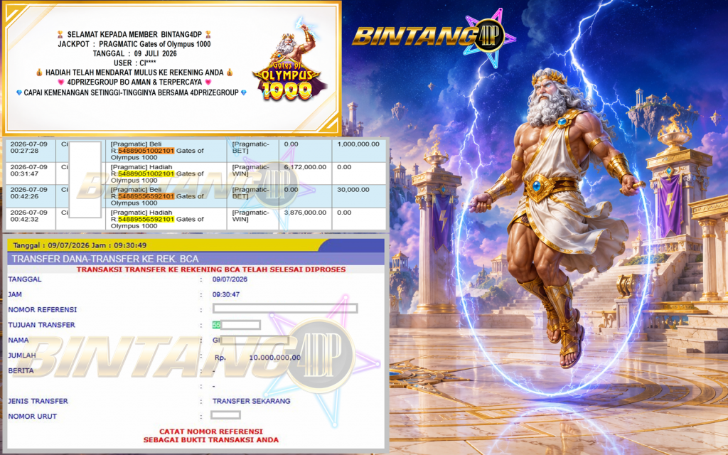 BINTANG4DP JACKPOT PRAGMATIC “Gates of Olympus 1000″ Rp10.000.000,- LUNAS