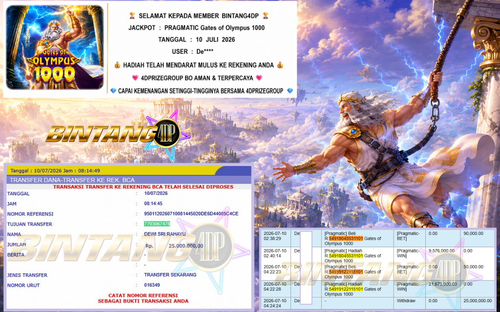 BINTANG4DP JACKPOT PRAGMATIC “Gates of Olympus 1000″ Rp25.000.000,- LUNAS