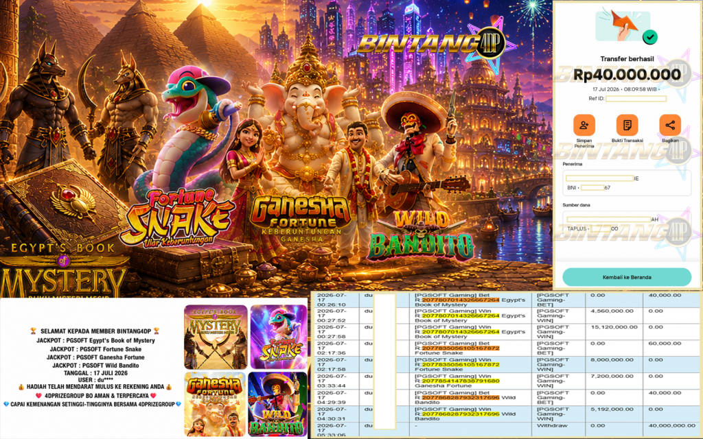 BINTANG4DP JACKPOT PGSOFT “Egypt’s Book of Mystery, Fortune Snake, Ganesha Fortune, & Wild Bandito” Rp40.000.000,- LUNAS