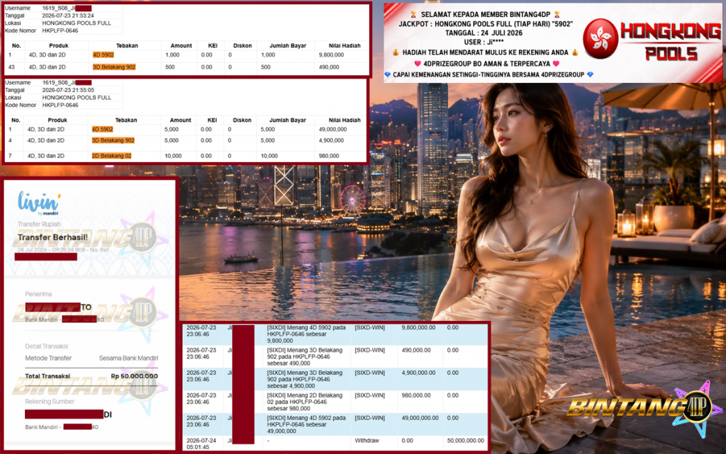 BINTANG4DP JACKPOT HONGKONG POOLS FULL (TIAP HARI) β5902ββββββ Rp66.000.000,- LUNAS