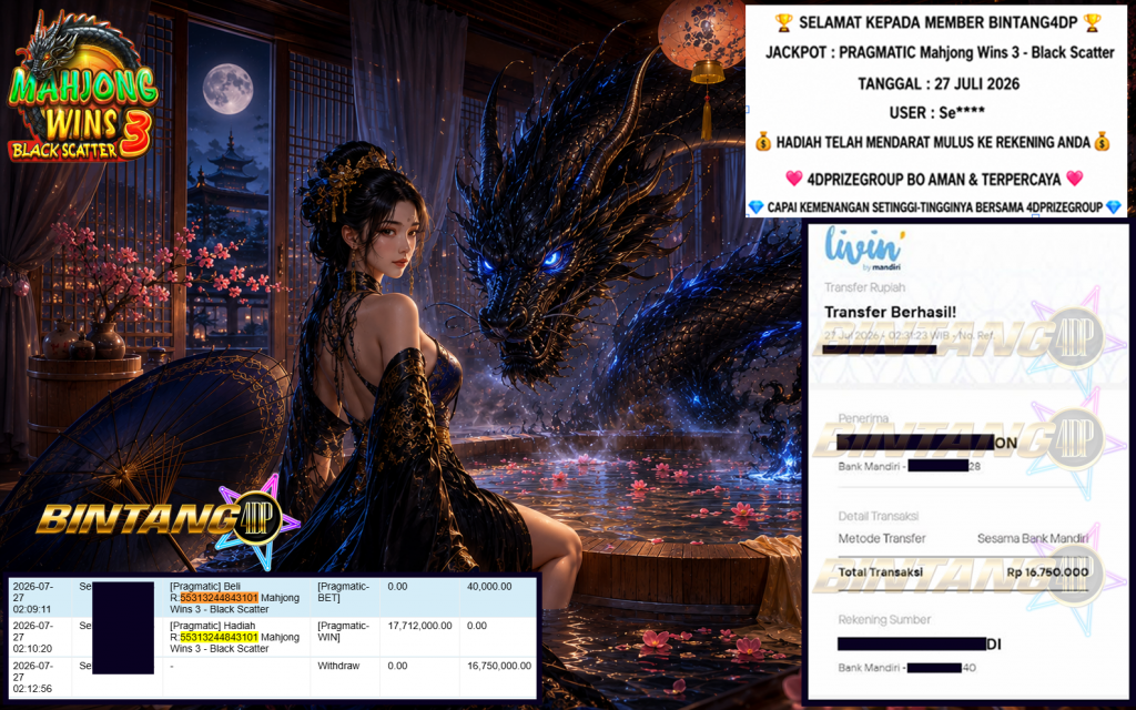 BINTANG4DP JACKPOT PRAGMATIC “Mahjong Wins 3 – Black Scatter” Rp16.750.000,- LUNAS