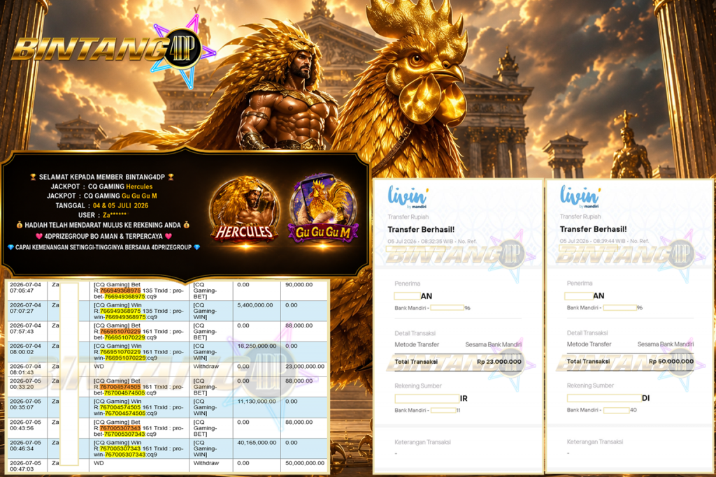 BINTANG4DP JACKPOT CQ GAMING βHerculesβ & βGu Gu Gu Mβ Rp73.000.000,- LUNAS