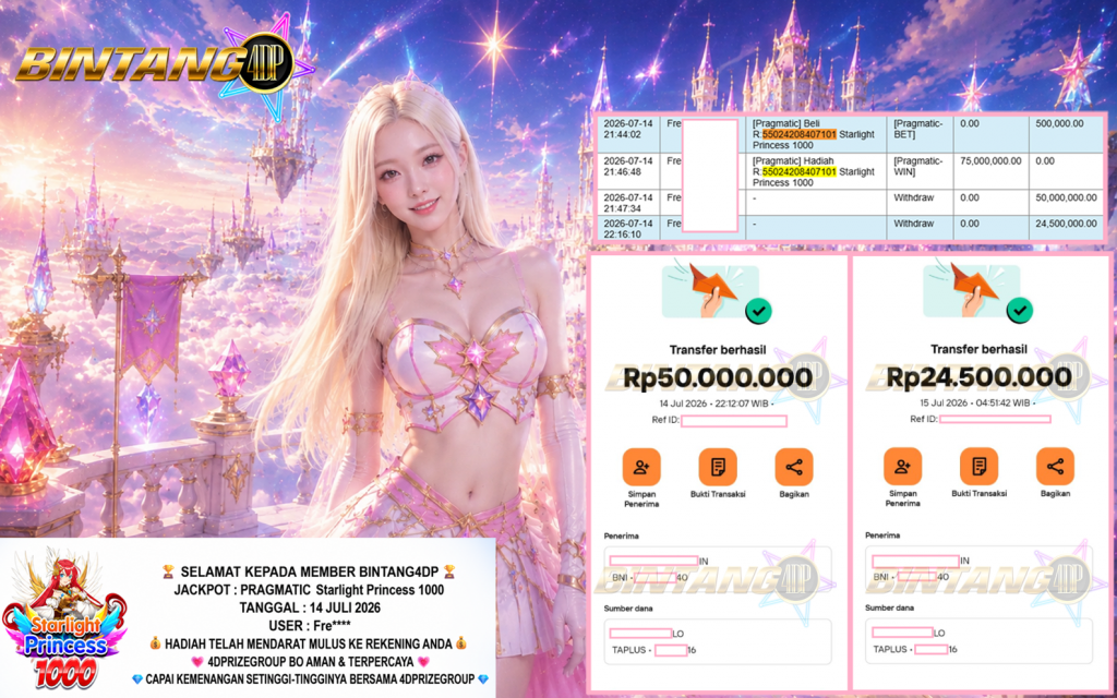 BINTANG4DP JACKPOT PRAGMATIC “Starlight Princess 1000″‎‏‏‎‎ Rp74.500.000,- LUNAS