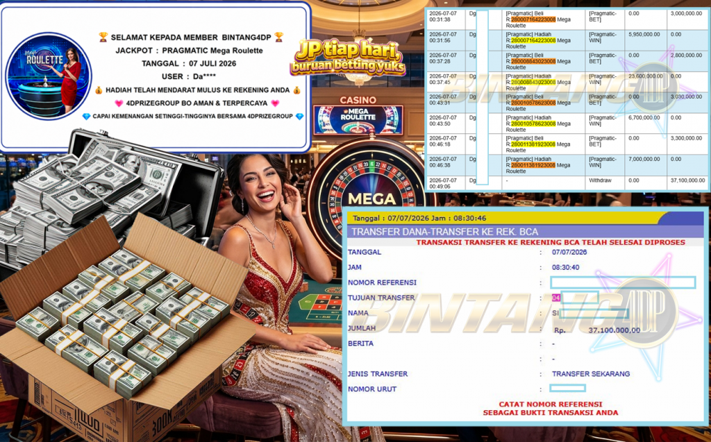 BINTANG4DP JACKPOT PRAGMATIC “Mega Roulette” Rp37.100.000,- LUNAS