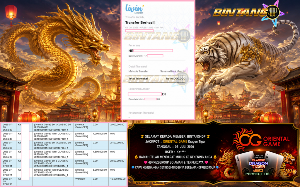 BINTANG4DP JACKPOT ORIENTAL GAME βDragon Tigerβ Rp10.000.000,- LUNAS