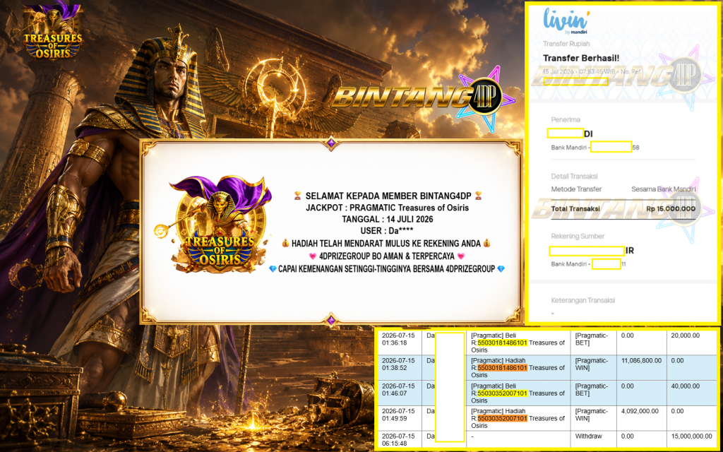 BINTANG4DP JACKPOT PRAGMATIC “Treasures of Osiris”‎‏‏‎‎ Rp15.000.000,- LUNAS