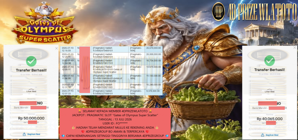 4DPRIZEWLATOTO JACKPOT PRAGMATIC SLOT “Gates of Olympus Super Scatter” Rp 90.065.000,- LUNAS