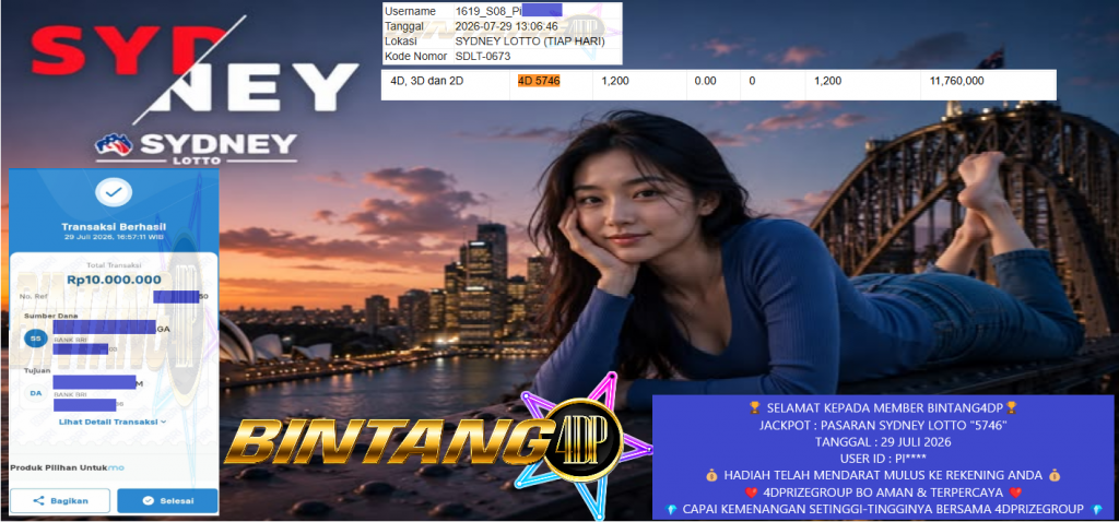 BINTANG4DP JACKPOT PASARAN SYDNEY LOTTO “5746” Rp10.000.000,- LUNAS
