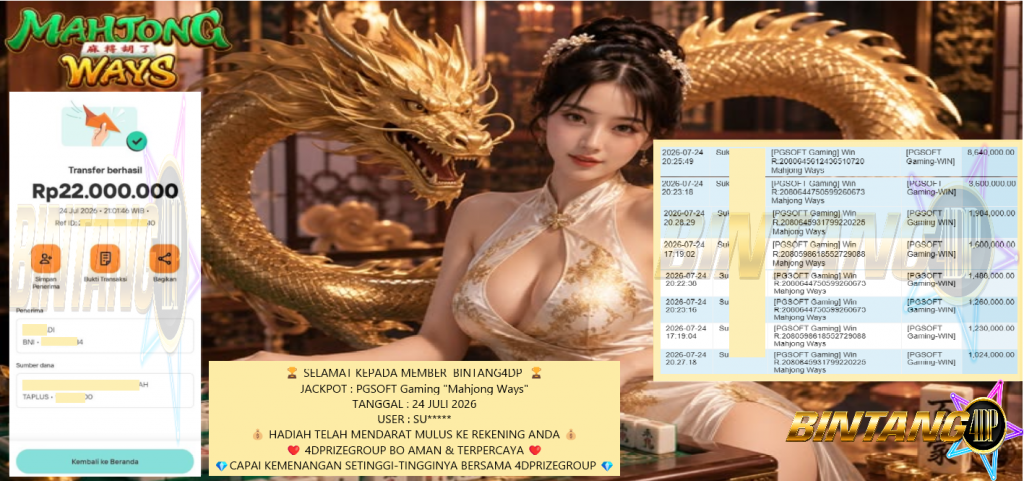 BINTANG4DP JACKPOT PGSOFT Gaming βMahjong Waysβ Rp22.000.000,- LUNAS