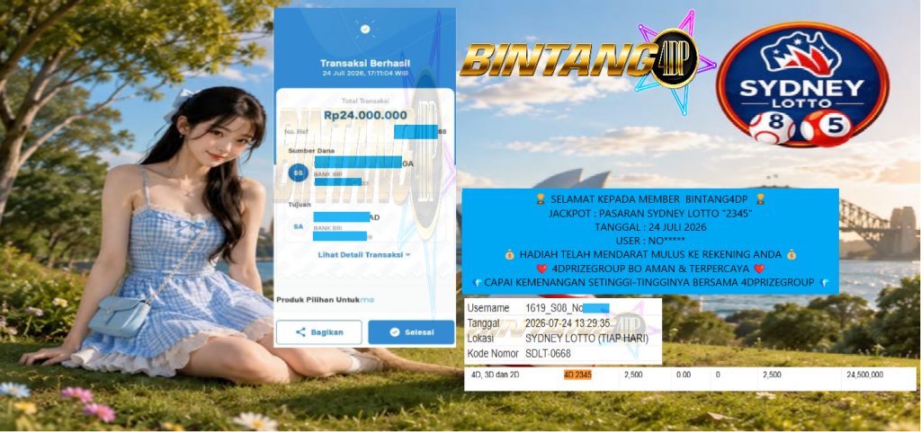 BINTANG4DP JACKPOT PASARAN SYDNEY LOTTO β2345ββββββββ Rp24.000.000,- LUNAS