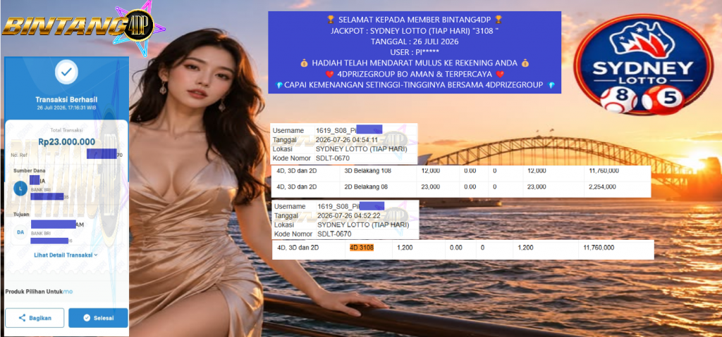 BINTANG4DP JACKPOT TOGEL SYDNEY LOTTO (TIAP HARI) “3108” Rp23.000.000,- LUNAS