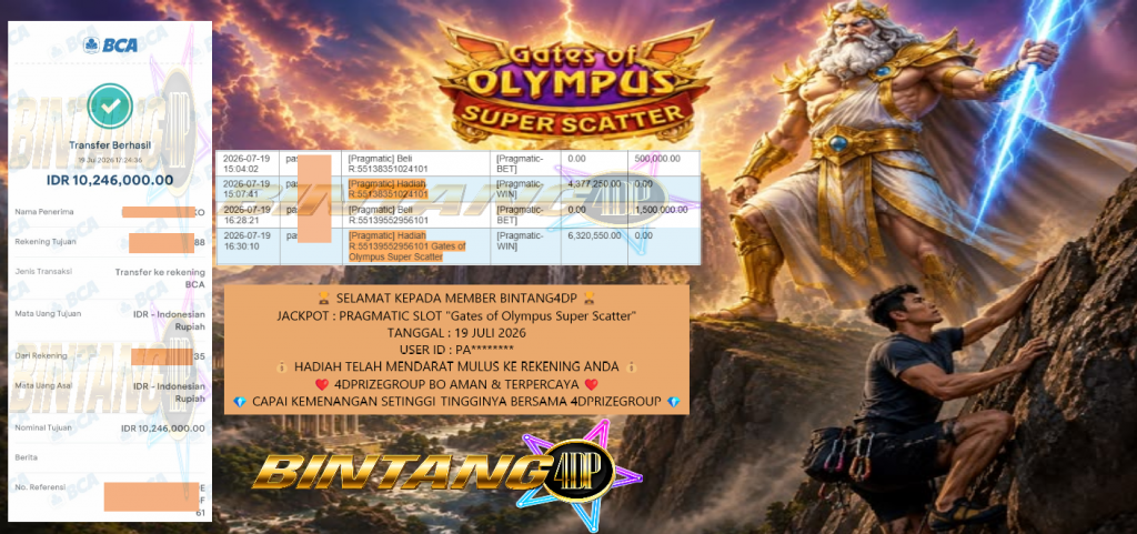 BINTANG4DP JACKPOT PRAGMATIC SLOT “Gates of Olympus Super Scatter” Rp 10.246.000,- LUNAS