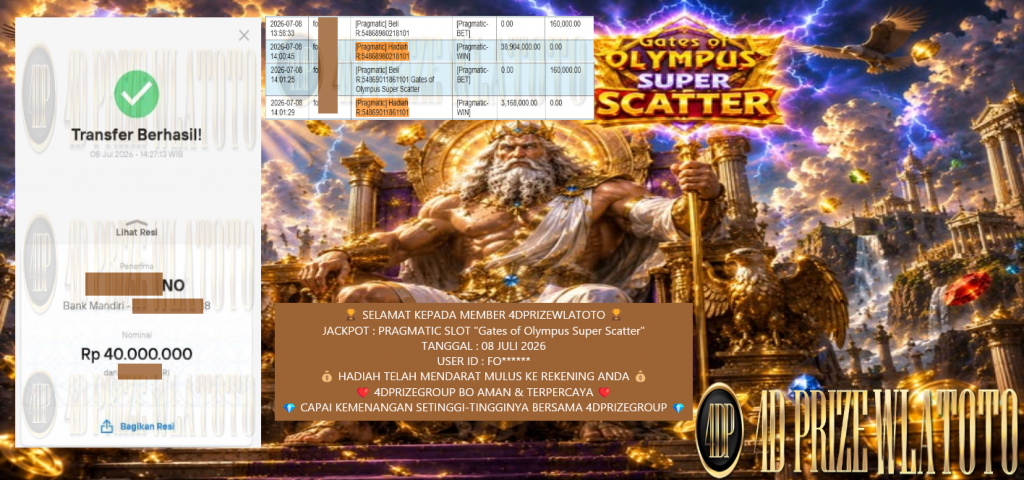 4DPRIZEWLATOTO JACKPOT PRAGMATIC βGates of Olympus Super Scatterβ Rp40.000.000,- LUNAS
