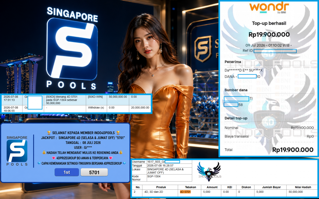 INDO4DPOOLS JACKPOT SINGAPORE 4D (SELASA & JUMAT OFF) β5701βββββ Rp39.800.000,- LUNAS