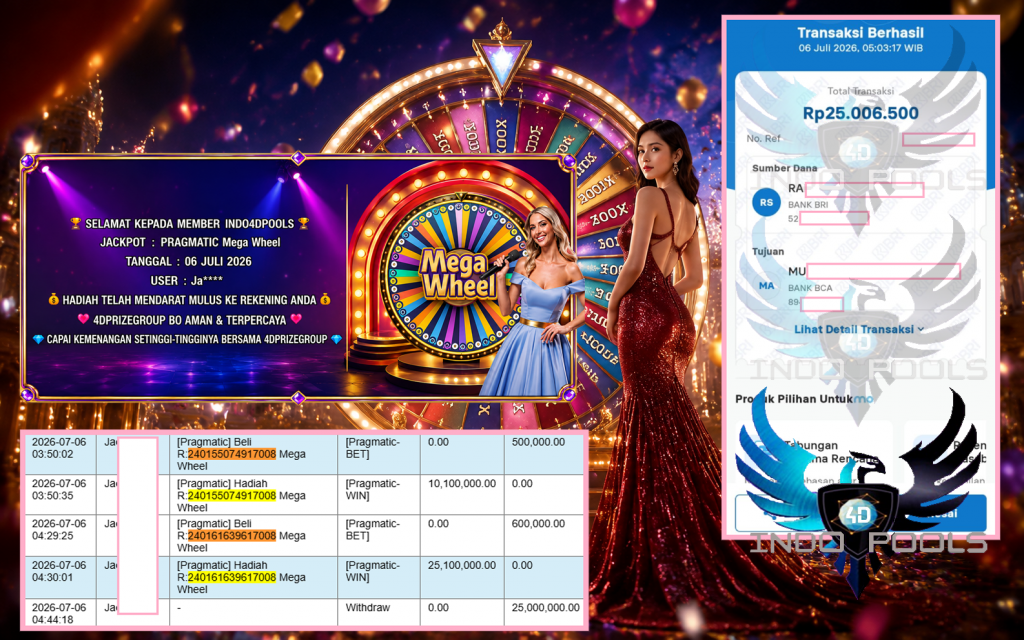 INDO4DPOOLS JACKPOT PRAGMATIC “Mega Wheel” Rp25.000.000,- LUNAS