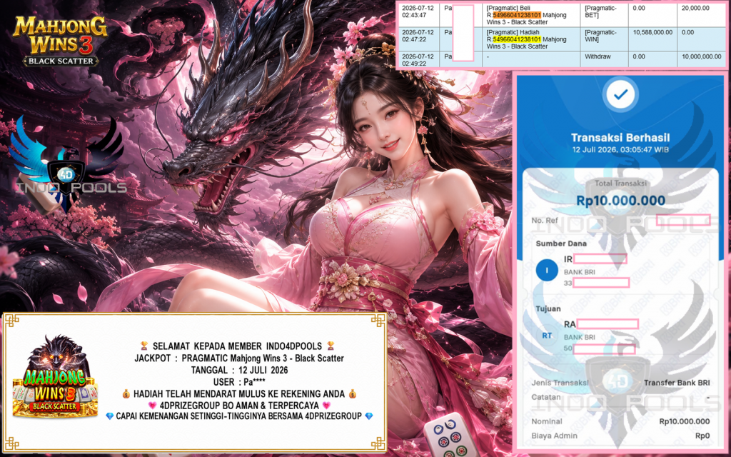 INDO4DPOOLS JACKPOT PRAGMATIC “Mahjong Wins 3 – Black Scatter” Rp10.000.000,- LUNAS