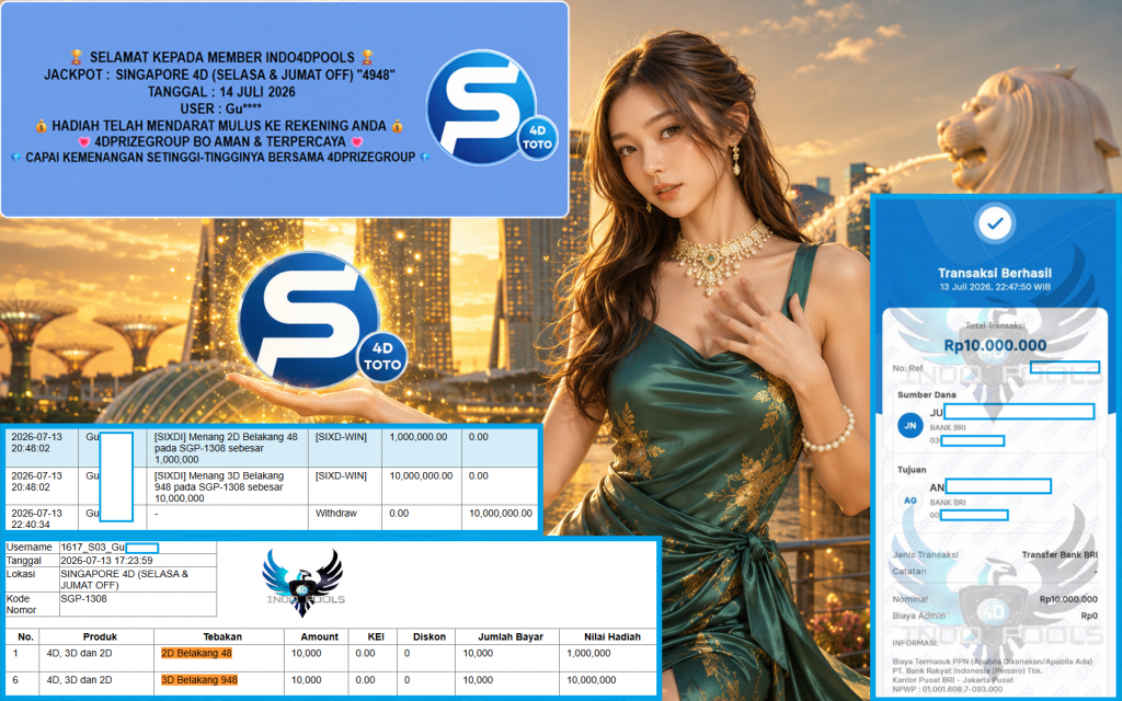 INDO4DPOOLS JACKPOT SINGAPORE 4D (SELASA & JUMAT OFF) “4948”‎‏‏‎ Rp10.000.000,- LUNAS