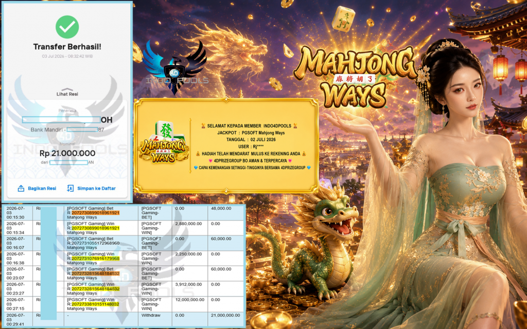 INDO4DPOOLS JACKPOT PGSOFT “Mahjong Ways” Rp21.000.000,- LUNAS