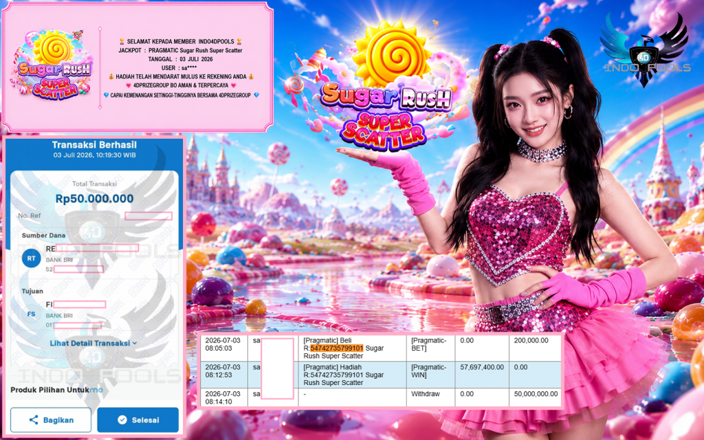 INDO4DPOOLS JACKPOT PRAGMATIC “Sugar Rush Super Scatter” Rp50.000.000,- LUNAS