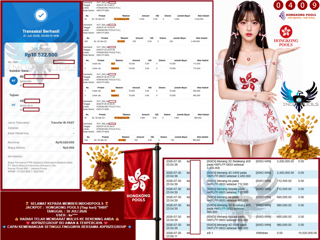 INDO4DPOOLS JACKPOT HONGKONG POOLS (Tiap hari) “0409”‎‏‏‎‎ Rp10.520.000,- LUNAS