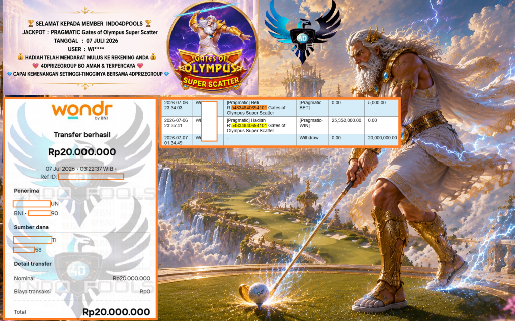INDO4DPOOLS JACKPOT PRAGMATIC “Gates of Olympus Super Scatter” Rp20.000.000,- LUNAS