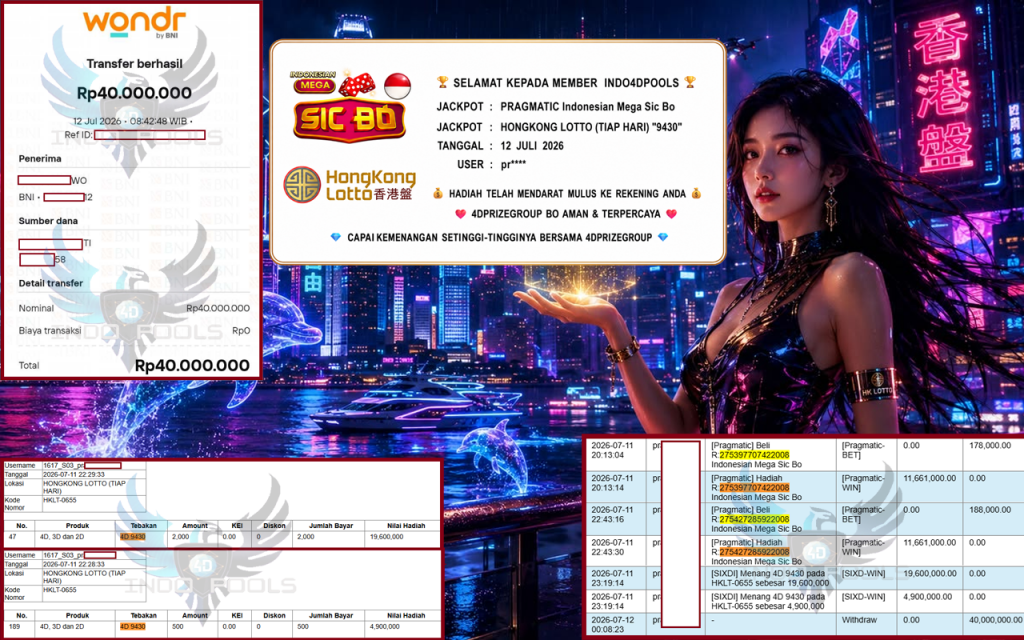 INDO4DPOOLS JACKPOT PRAGMATIC βIndonesian Mega Sic Boβ & PASARAN HONGKONG LOTTO (TIAP HARI) β9430β Rp40.000.000,- LUNAS