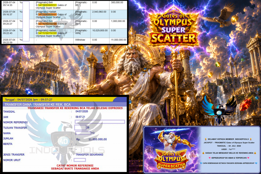 INDO4DPOOLS JACKPOT PRAGMATIC “Gates of Olympus Super Scatter” Rp11.000.000,- LUNAS