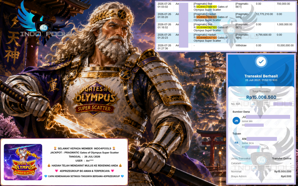 INDO4DPOOLS JACKPOT PRAGMATIC “Gates of Olympus Super Scatter” Rp15.000.000,- LUNAS