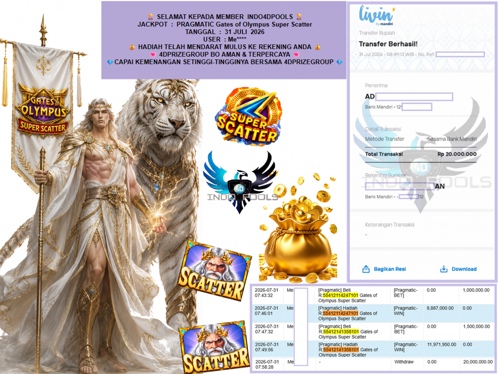INDO4DPOOLS JACKPOT PRAGMATIC “Gates of Olympus Super Scatter”‎‏‏‎‎ Rp20.000.000,- LUNAS